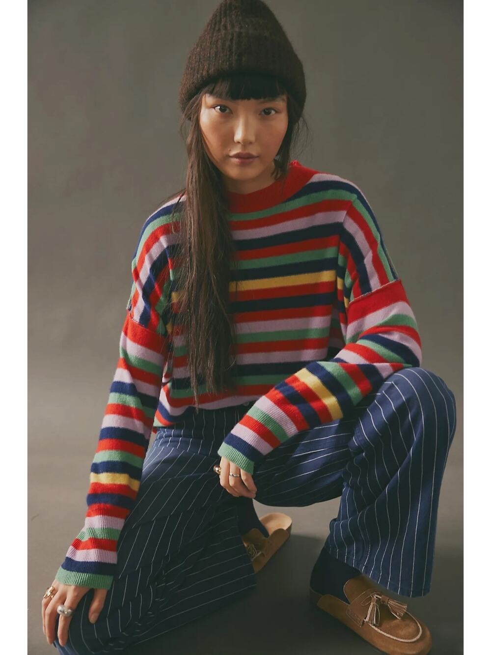 Free People Tomorrow Stripe Cashmere Sweater in Red Stripe Size XS NWT Rainbow